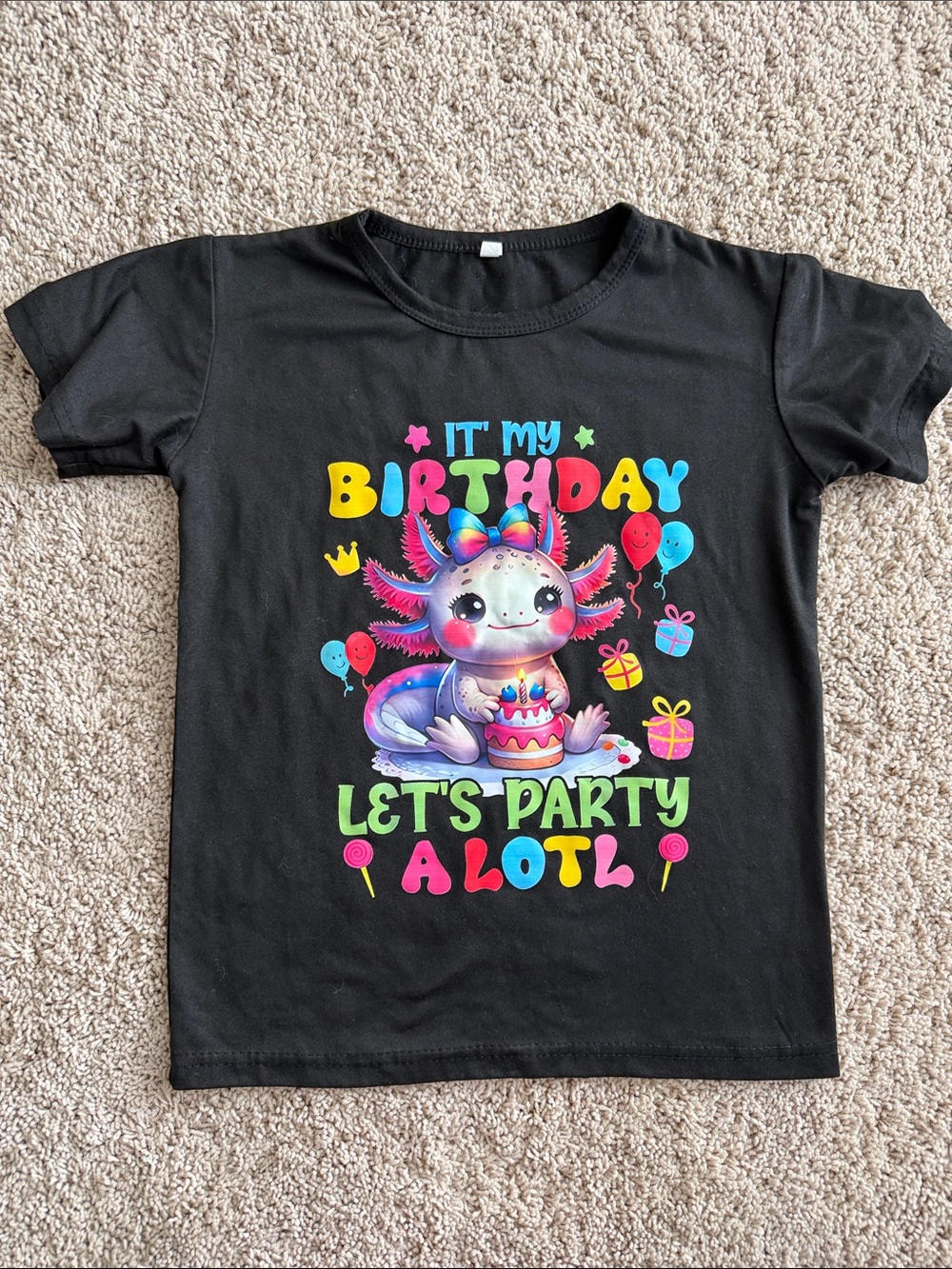 Girls size 130 (size 6-7) Black Birthday Axolotl Party Tee